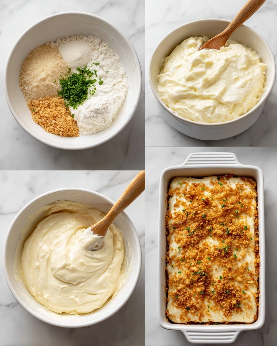 The image shows four steps of making a creamy dish, with all bowls and trays in white on a white marbled surface. In the first step, a white bowl contains several dry and wet ingredients, including beige flour, white sour cream, a light brown liquid, and some green herbs placed on top. In the second step, the ingredients are mixed into a smooth, creamy white batter inside the same white bowl, with a wooden spatula resting on the side. The third step shows this creamy mixture spread evenly on a rectangular white baking tray with smooth rounded textures on top. Finally, the fourth step displays the creamy layer covered with a sprinkle of light brown crumbs and small green bits, giving a textured and colorful finish to the dish. Photo taken with an iphone --ar 4:5 --v 7