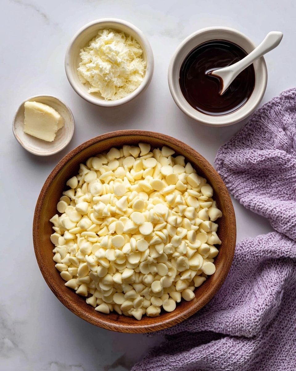 The image shows four small bowls arranged on a white marbled surface. The largest bowl is wooden and round, filled with creamy white chocolate chips piled high in a textured, uneven layer. Above it, three smaller white bowls hold different ingredients: the left one contains a soft, white solid of coconut oil with a slightly rough texture; the middle one has a dark brown, almost black liquid of food coloring with a smooth surface; and the right one holds a glossy, smooth lavender extract with a white ceramic spoon resting inside. A light purple knitted cloth is draped on the right side near the bowls. photo taken with an iphone --ar 4:5 --v 7
