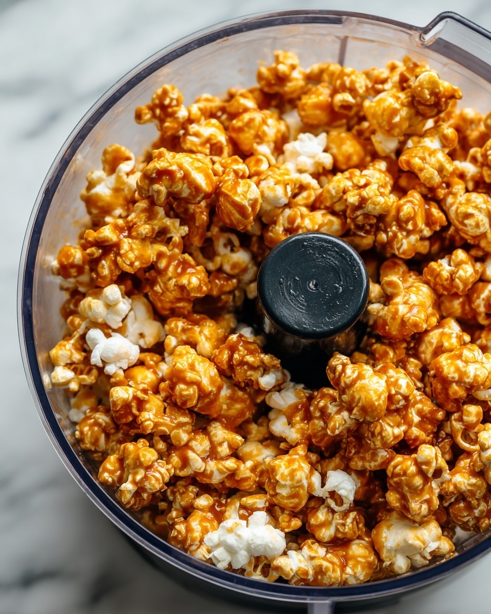 A close-up image of caramel popcorn inside a clear food processor bowl, showing a mix of popcorn pieces covered in a shiny orange caramel coating with some white fluffy popcorn visible. The popcorn fills most of the bowl around the black central piece of the food processor. The background surface is a white marbled texture. photo taken with an iphone --ar 4:5 --v 7