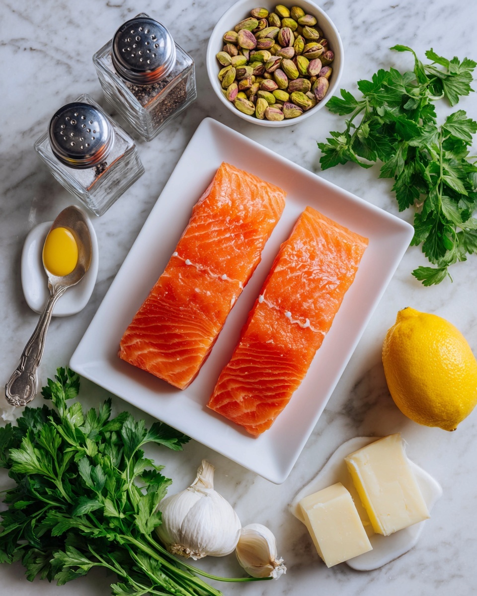 The image shows various cooking ingredients arranged on a white marbled surface. In the center is a white rectangular plate holding two bright orange pieces of raw salmon, placed one above the other. Above the salmon, there is a small white bowl filled with green pistachios. To the left of the salmon is a bunch of fresh green parsley leaves and two glass shakers containing black pepper and white salt. A silver spoon with a yellow dollop of Dijon mustard is placed to the left below the salts. On the bottom right, there is a white garlic bulb next to a small square piece of butter and a chunk of pale yellow Parmesan cheese. A whole bright yellow lemon is placed near the top right corner. All ingredients are clearly labeled with simple black text. Photo taken with an iphone --ar 4:5 --v 7