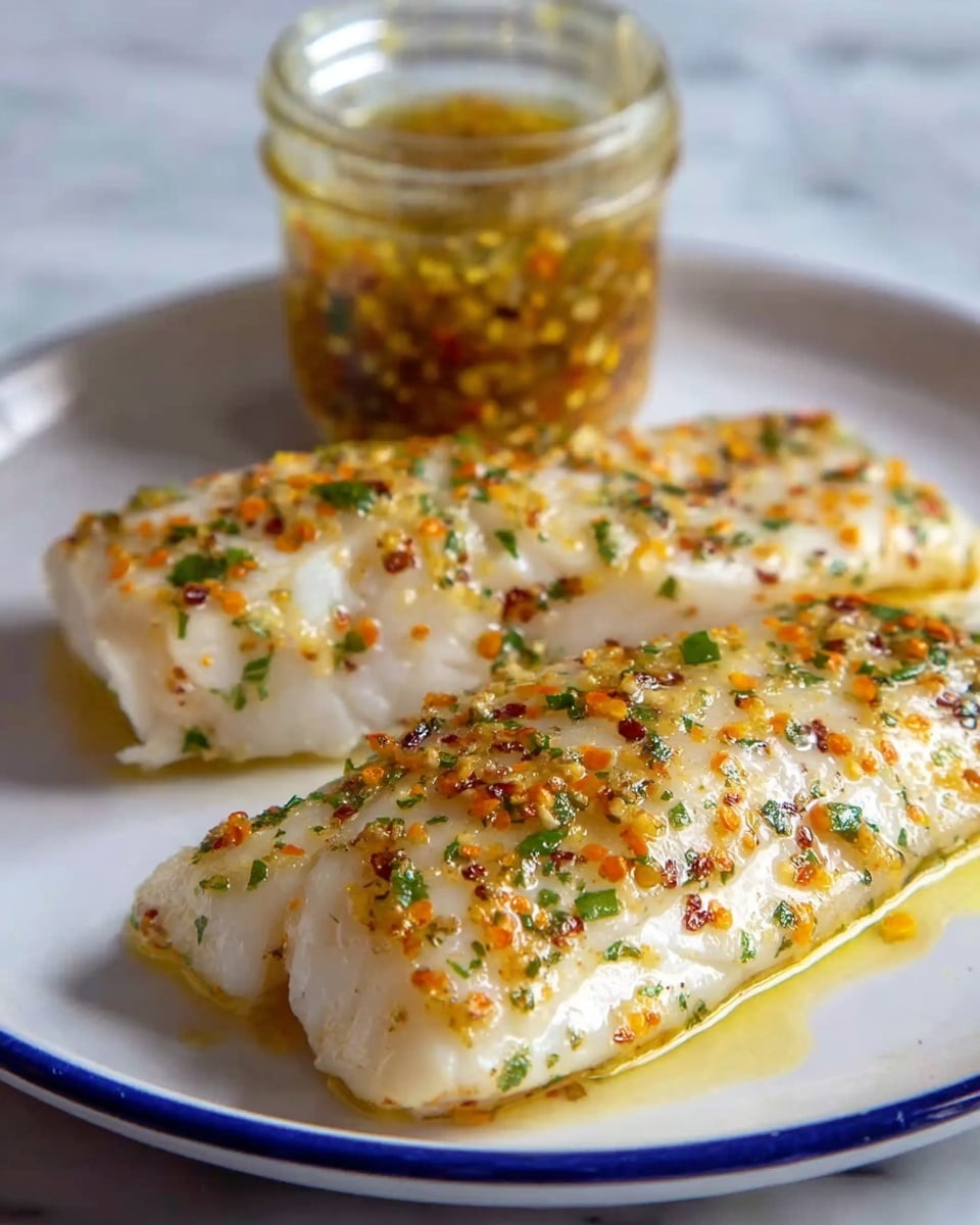 Two pieces of cooked white fish fillets are on a white plate with a blue rim. Each fillet is covered with small bits of green herbs and tiny orange and red spices scattered evenly on top, giving a seasoned look. The surface of the fish is slightly shiny as if brushed with melted butter or oil. Behind the fish pieces, there is a small glass jar filled with a yellowish sauce that has visible small herbs and spices inside. The plate sits on a white marbled surface. Photo taken with an iphone --ar 4:5 --v 7