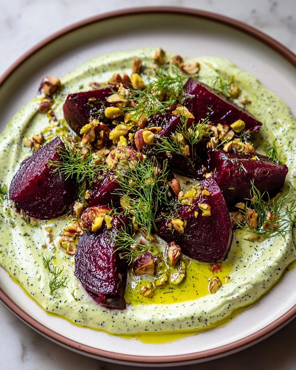A white plate on a white marbled surface holds a dish with three main layers. The bottom layer is a swirl of light green creamy sauce with visible herbs giving it a speckled texture. On top, there are deep purple beet wedges placed unevenly around the plate. Scattered over the beets and sauce are small toasted nuts with a golden-brown crunch, garnished with fresh green dill sprigs. The plate’s rim is thin and light brown, adding a subtle outline to the dish. Photo taken with an iphone --ar 4:5 --v 7