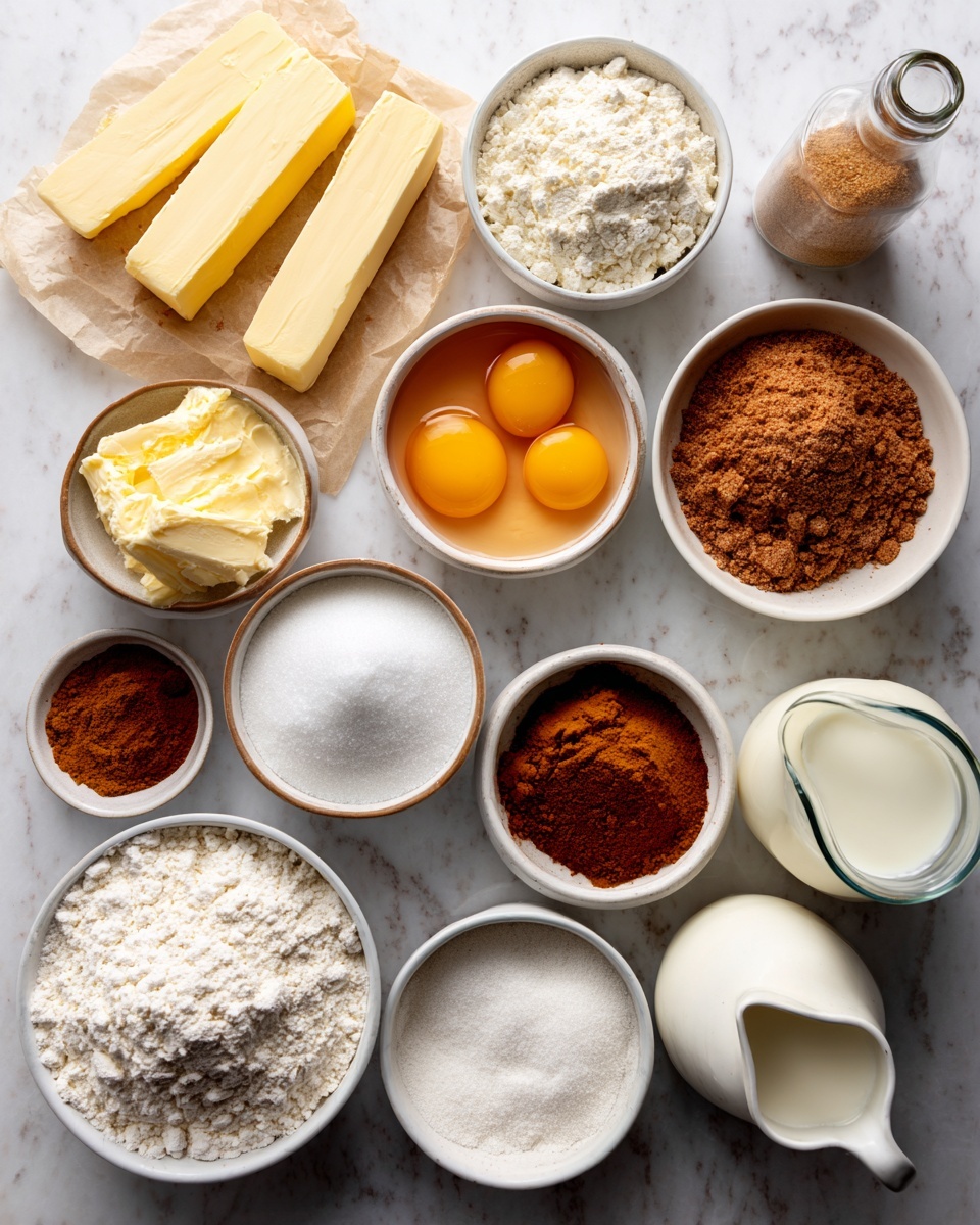 The image shows many small white bowls and dishes arranged on a white marbled surface, each holding different baking ingredients. There are two sticks of pale yellow butter resting diagonally on a piece of parchment, two eggs with bright yellow yolks in separate small bowls, and several bowls filled with white all purpose flour, powdered sugar, granulated sugar, light brown sugar, dark brown sugar, and melted yellow butter. Small bowls with cinnamon have warm orange-brown powder, and one white bowl contains a mix of white baking powder, baking soda, cornstarch, and salt. A cup of milk sits near the top right filled with white liquid, and bottles hold vanilla extract and milk. A small woman's hand is pouring milk near the right side. Everything is arranged neatly in an overhead view with clear labels on each ingredient photo taken with an iphone --ar 4:5 --v 7