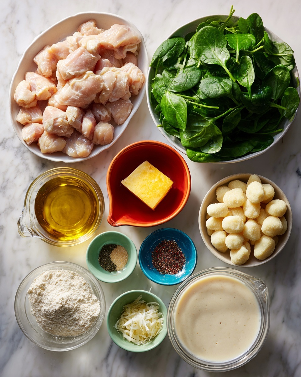 The image shows a white marbled surface with various cooking ingredients arranged neatly. There is a white tray holding raw chicken pieces on the top left, and a glass bowl full of fresh green spinach leaves on the top right. Below the chicken, an orange bowl contains minced garlic, and next to it a small red dish holds a square of yellow butter. A clear measuring cup with golden olive oil is placed nearby, accompanied by a tiny blue bowl filled with light garlic powder. A green bowl holds a mix of lemon and pepper, and next to it is a small bowl with pale lemon juice. Below these, there is a clear container of light brown chicken broth, a clear cup of white heavy cream, a small transparent bowl with a white powdery parmesan cheese, and a black and clear package of gnocchi resting on the right. The setup is clean, bright, and organized, all placed on the white marble texture surface. photo taken with an iphone --ar 4:5 --v 7