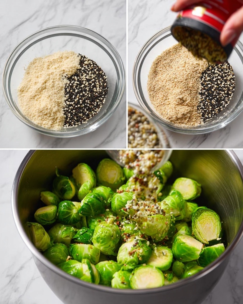 The image shows a three-part sequence of food preparation on a white marbled surface. The first part has a clear bowl with two sections of ingredients: one side has a light beige powder with a slightly grainy texture, and the other side is a mix of black, white, and brown tiny seeds. The middle part shows a stainless steel bowl filled with bright green Brussels sprouts, each cut into halves with a fresh and smooth texture. The last part captures a close-up of a woman's hand pouring the mixed seed and powder blend from the clear bowl into the stainless steel bowl with Brussels sprouts, with the small bits falling visibly. Photo taken with an iphone --ar 4:5 --v 7