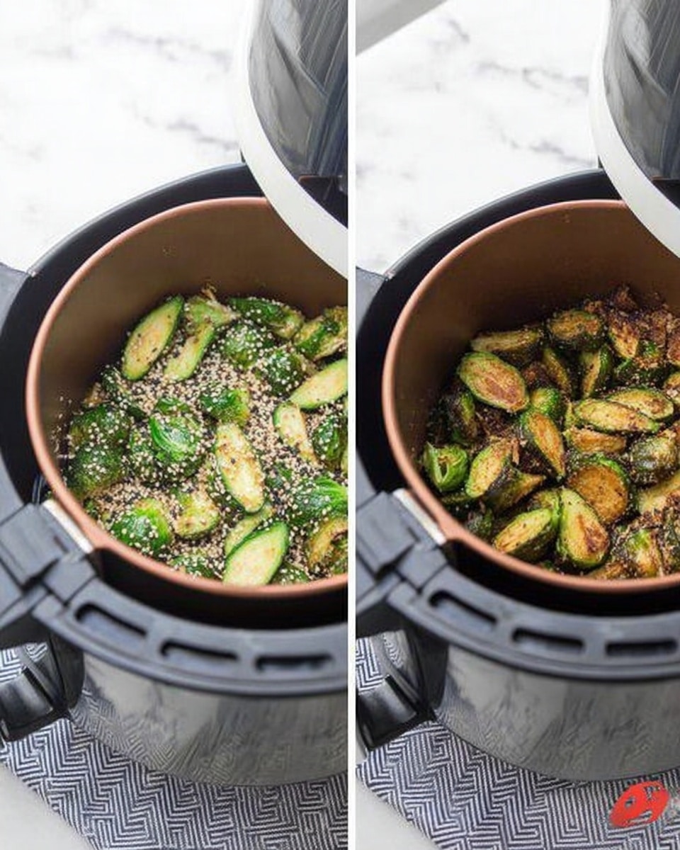 The image shows two side-by-side views of green vegetables inside a round, bronze-colored air fryer basket. On the left, the vegetables are lightly covered with white and black specks and some light green leaves, looking fresh and raw. On the right, the same vegetables appear cooked with a golden-brown, crunchy coating and a slightly darker color with hints of char. Both baskets are inside the black air fryer unit placed on a white marbled surface with a grey and white patterned cloth underneath. The air fryer has an open lid and shiny black and white top. photo taken with an iphone --ar 4:5 --v 7