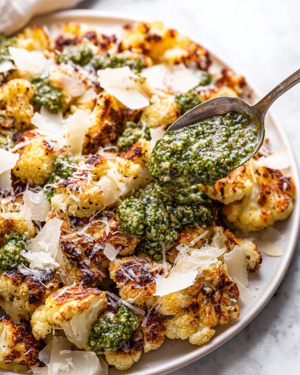A white plate full of roasted golden brown cauliflower pieces, each piece showing crispy and slightly charred edges. Small green pesto dollops with a coarse texture are spread over the cauliflower. A spoon holds a thick green pesto sauce, dripping slightly onto the cauliflower below. There are light shavings of white cheese sprinkled all over the dish, adding a soft texture contrast. The background has a soft, white marbled surface, creating a clean and bright setting. Photo taken with an iphone --ar 4:5 --v 7