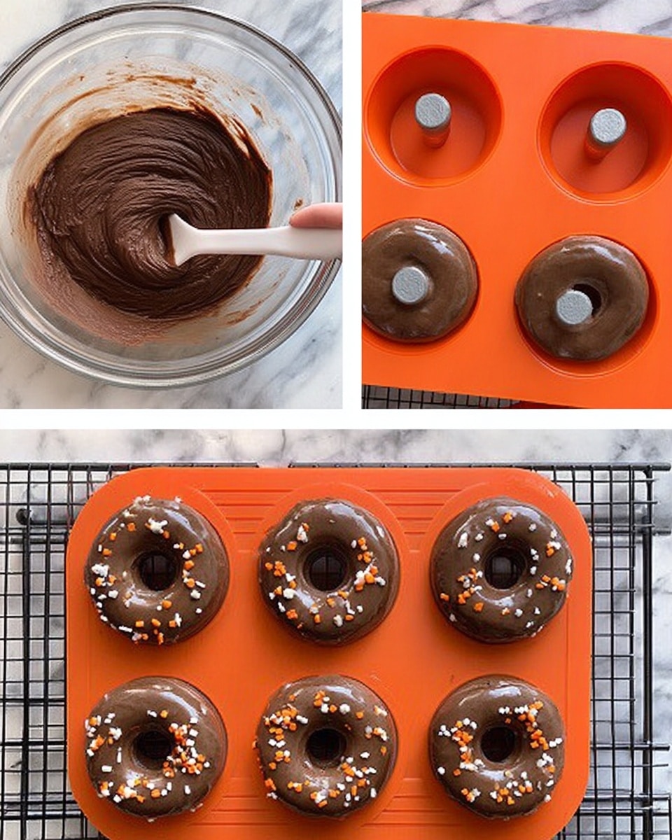 The image shows a sequence of four stages in making chocolate donuts. The first stage is a clear glass bowl with smooth, dark brown chocolate batter being stirred by a spatula. The second stage shows an orange donut mold filled with the chocolate batter in each of its six round cavities, each cavity with a center spike. The third stage is the same orange mold now filled with baked, dark chocolate donuts, each with a slightly firm and cracked top around the center hole. The fourth stage shows four glazed chocolate donuts cooled on a wire rack, covered in glossy chocolate icing and sprinkled with small white and orange bits. The background in every image is a white marbled texture. Photo taken with an iphone --ar 4:5 --v 7