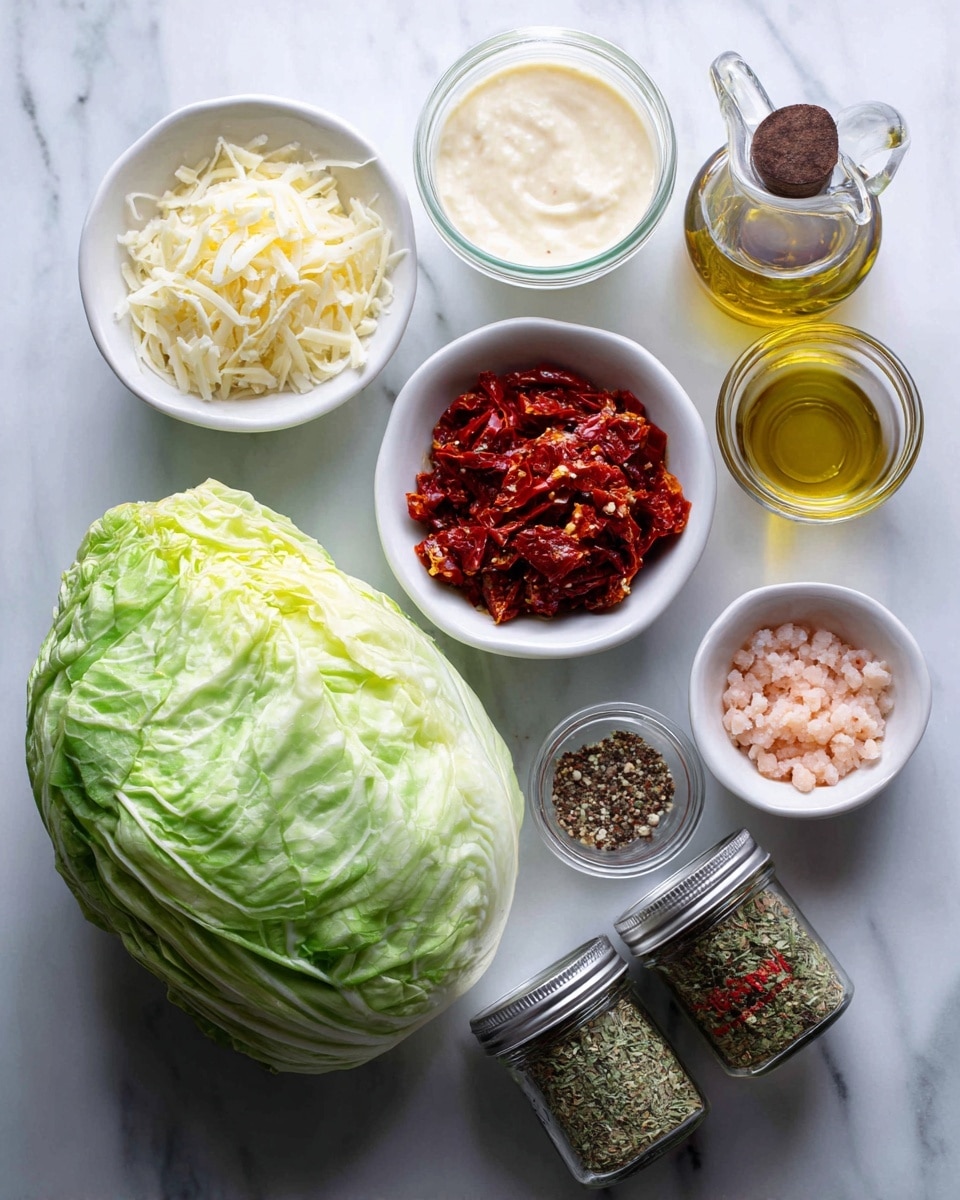 The image shows a group of cooking ingredients arranged on a white marbled surface. In the center, there is a whole light green cabbage with a smooth and slightly shiny texture. Surrounding it, there are different small white bowls and cups: one with finely shredded parmesan cheese in pale off-white color, one with chopped sun dried tomatoes in deep red, one with minced garlic in light beige, and one with pink salt crystals. There are also measuring cups holding a creamy light beige heavy cream and a clear liquid labeled water or broth. Additionally, two clear glass jars with silver lids contain Italian seasoning with green and brown herbs, and red chili flakes. A small glass bowl contains golden olive oil, and a tilted spice jar with black pepper is also present. The layout is clean and organized, with color contrasts between the green cabbage, red tomatoes, and white containers. photo taken with an iphone --ar 4:5 --v 7