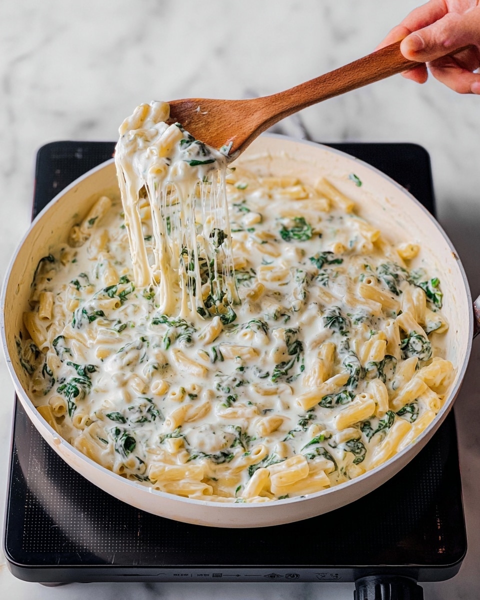 The image shows a close-up of a white pan filled with creamy pasta mixed with green spinach leaves. The pasta is short and tube-shaped, with a light yellow color, covered in a thick white sauce speckled with small green bits of spinach. A wooden spoon lifts some pasta and strings of melted cheese stretch from the pan to the spoon. A woman's hand is holding the spoon over a black induction stove set on a white marbled surface. The scene is bright and clean. photo taken with an iphone --ar 4:5 --v 7