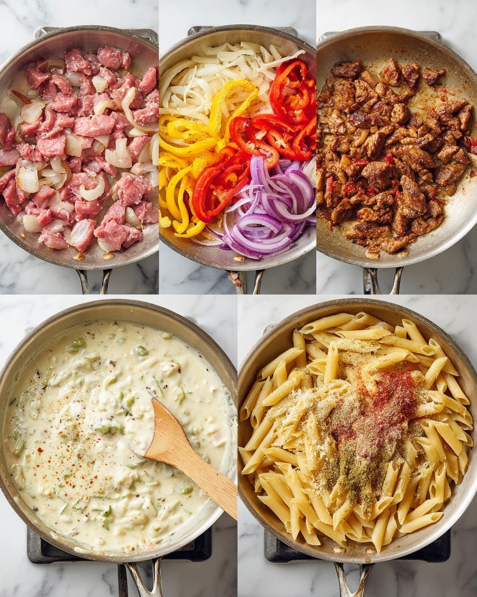 The image shows six cooking stages in a metal pan placed on a stove with a white marbled surface below. The first layer in the top left shows small pieces of light pink meat cooking with some white parts visible. The second layer on the top right shows the meat browned with a lightly crispy texture. The third layer in the middle left shows thin strips of yellow and red peppers with thin slices of purple onion, all raw and fresh. The fourth layer in the middle right shows the vegetables being mixed with light brown powdered spices and small white chunks, all stirred with a wooden spatula. The fifth layer on the bottom left shows a creamy white sauce poured over cooked red diced tomatoes in the pan. The last layer on the bottom right shows penne pasta being added into the creamy sauce, covering the diced tomatoes and other ingredients below. Photo taken with an iphone --ar 4:5 --v 7