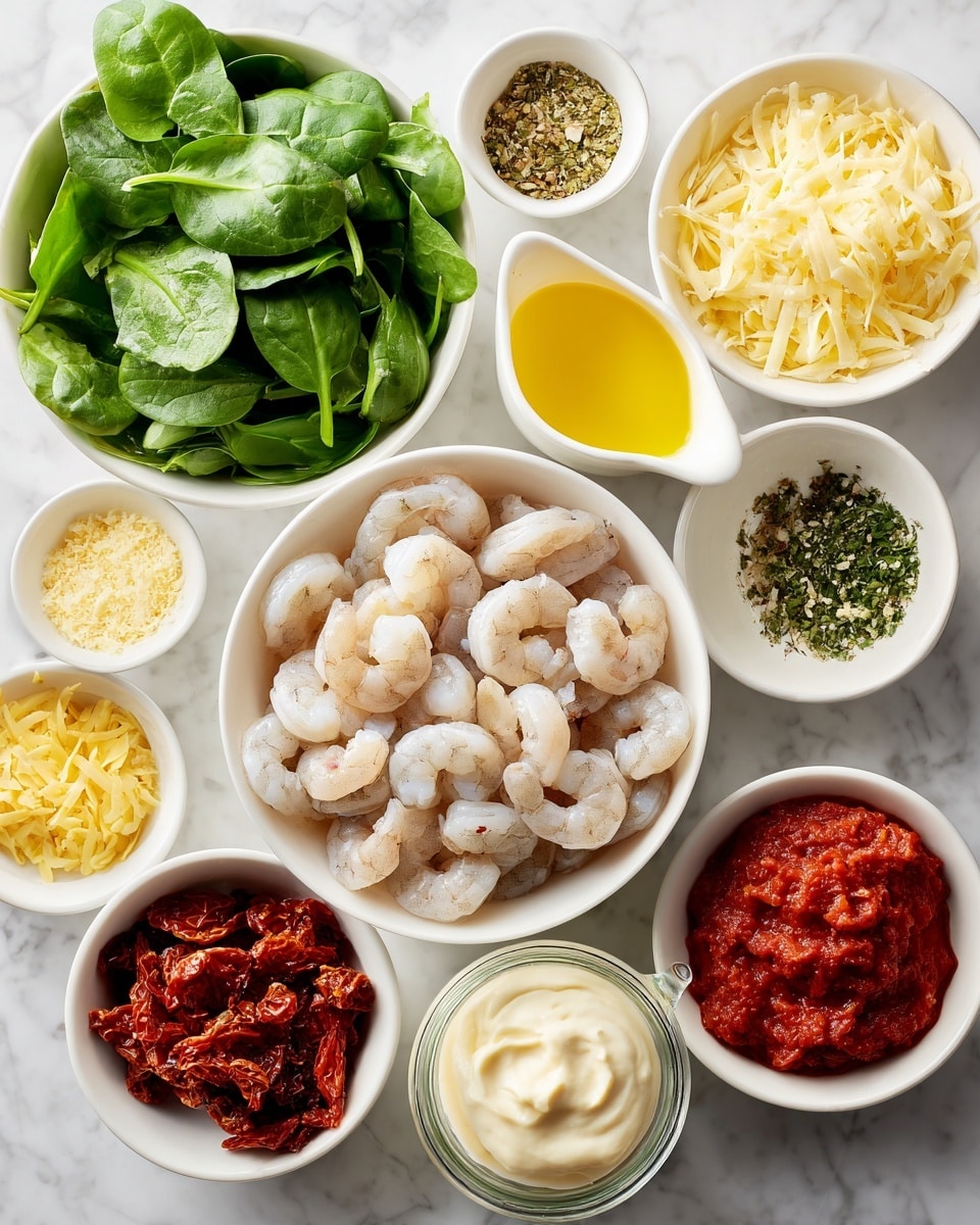 The image shows eleven white bowls and one clear glass container arranged on a white marbled surface, each filled with different ingredients. In the center, a white bowl holds raw shrimp that are pale gray with subtle shells still on. Surrounding it are bowls with bright green fresh spinach leaves, pale yellow butter and light green capers together in one bowl, finely chopped white onion, reddish sun-dried tomatoes, shredded pale yellow parmesan cheese, and a golden-yellow liquid stock in a small white pitcher. Two white bowls contain seasonings: one with minced light yellow garlic, black pepper, and dried herbs, and another with vibrant red tomato paste, light yellow butter, and dried herbs. At the bottom center, a clear glass container holds thick, pale off-white heavy cream. The scene is bright and clean, with the ingredients neatly presented and labeled with simple black text. photo taken with an iphone --ar 4:5 --v 7