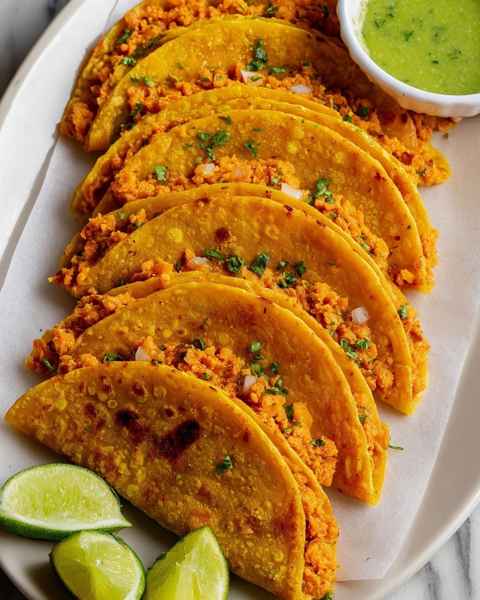 Five folded yellow corn tortillas are arranged in a row on white parchment paper on a white plate with a white marbled surface underneath. Each tortilla is filled with a textured orange filling mixed with small bits of white, likely onion, and sprinkled with small green herbs on top. On the bottom left of the plate, there are three lime wedges showing the juicy green and white inside. On the upper right corner of the image, there is a portion of a white bowl filled with green sauce. The tortillas have a golden brown, slightly crispy texture with some spots darker than others. photo taken with an iphone --ar 4:5 --v 7