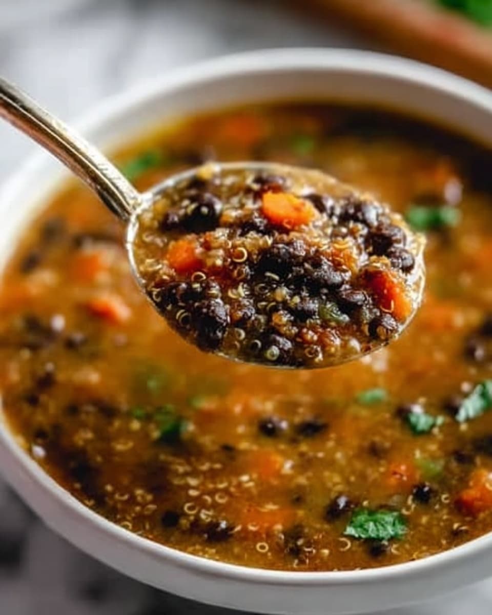 A close-up of a white bowl filled with thick soup that has many layers and colors. The soup shows small round black beans, orange carrot pieces, yellow corn, and light brown grains or lentils all mixed together in a brown broth. A spoon held by a woman's hand lifts some of the soup above the bowl, highlighting the texture of the beans and vegetables. The white bowl sits on a white marbled surface with soft light, making the colors of the soup look warm and fresh. photo taken with an iphone --ar 4:5 --v 7