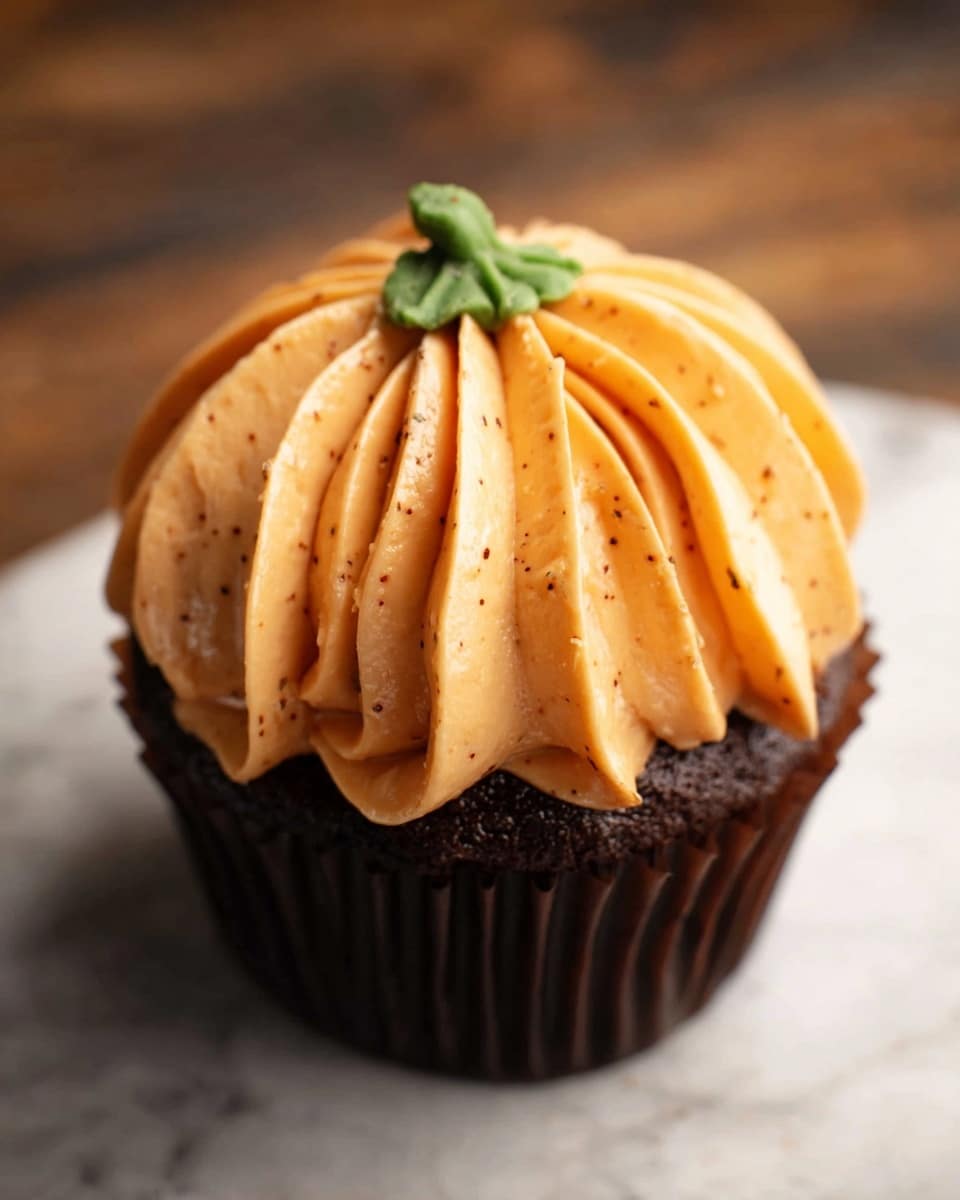 A chocolate cupcake topped with one thick layer of smooth, creamy orange frosting swirled in tall vertical ribbons, with tiny darker specks giving it texture, and a small, textured green dollop on top resembling a pumpkin stem. The cupcake wrapper is dark brown, and it sits on a white marbled surface. photo taken with an iphone --ar 4:5 --v 7