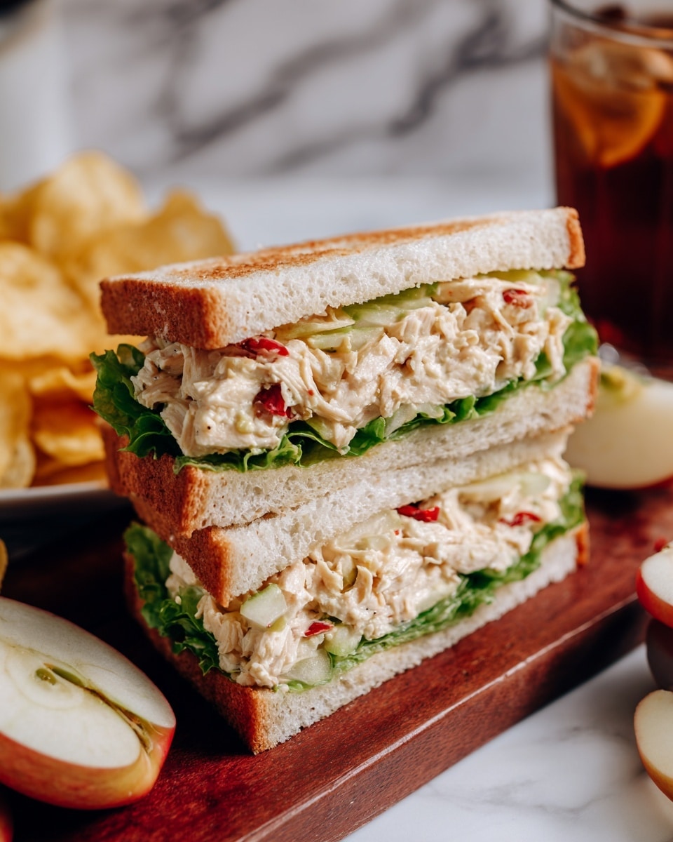 A close-up of a sandwich cut in half and stacked, showing three layers of soft white bread filled with shredded chicken, green lettuce, and thin slices of red apple. The filling has a light creamy texture with bits of red chili scattered inside. The sandwich sits on a dark wooden board surrounded by some potato chips on the left side. A white sliced apple is placed on the right near a glass of dark drink. The background is a white marbled texture. photo taken with an iphone --ar 4:5 --v 7