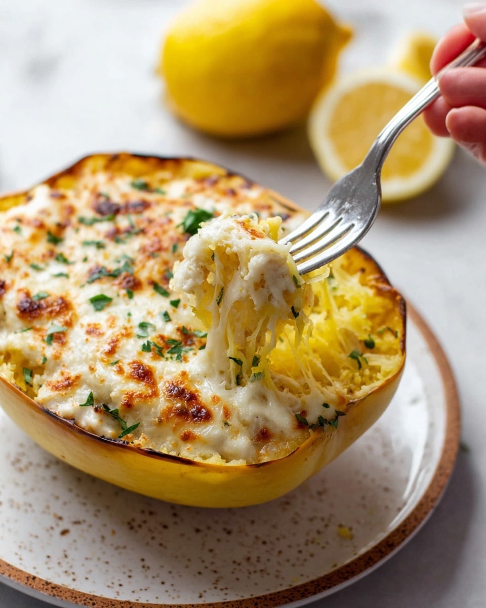 A white spaghetti squash bowl is filled with three layers: the bottom layer is bright yellow, shredded spaghetti squash; the middle layer is creamy, pale white cheese mixed with a light touch of seasoning; the top layer is melted cheese browned with golden spots and sprinkled with small green parsley pieces. A silver fork held by a woman's hand pulls a soft, stretchy cheese and squash bite from the bowl. There are blurred lemon wedges in the white marbled background, and the bowl sits on a white plate with brown speckles. photo taken with an iphone --ar 4:5 --v 7