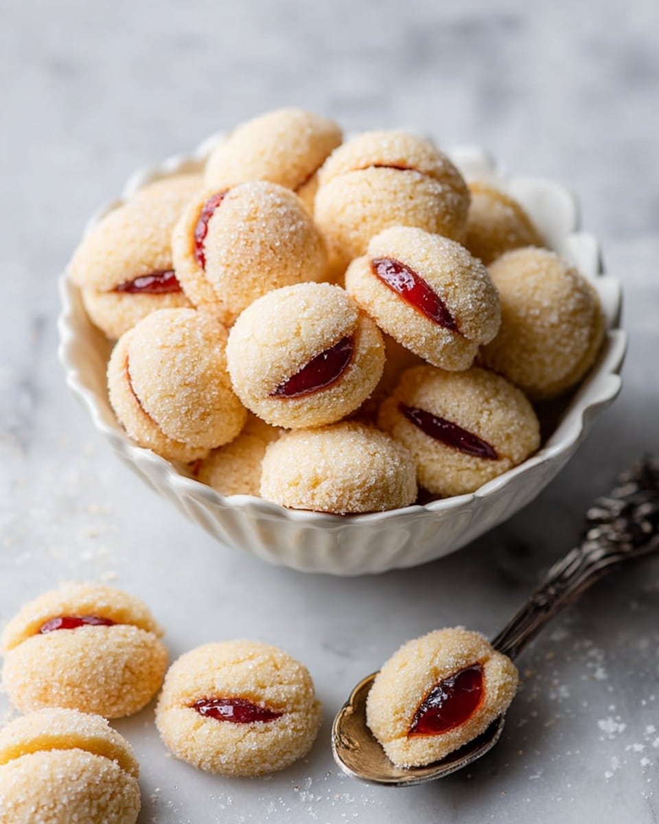 A white bowl with scalloped edges holds a pile of small round cookies, each cookie made of two light beige halves covered in sugar with a thin layer of bright red jam in the middle, making them look like tiny peach-shaped treats. Some cookies are scattered around the bowl on a white marbled surface, with one placed on an ornate silver spoon nearby. The cookies have a soft, crumbly texture and a sugar coating that gives them a frosted look. photo taken with an iphone --ar 4:5 --v 7