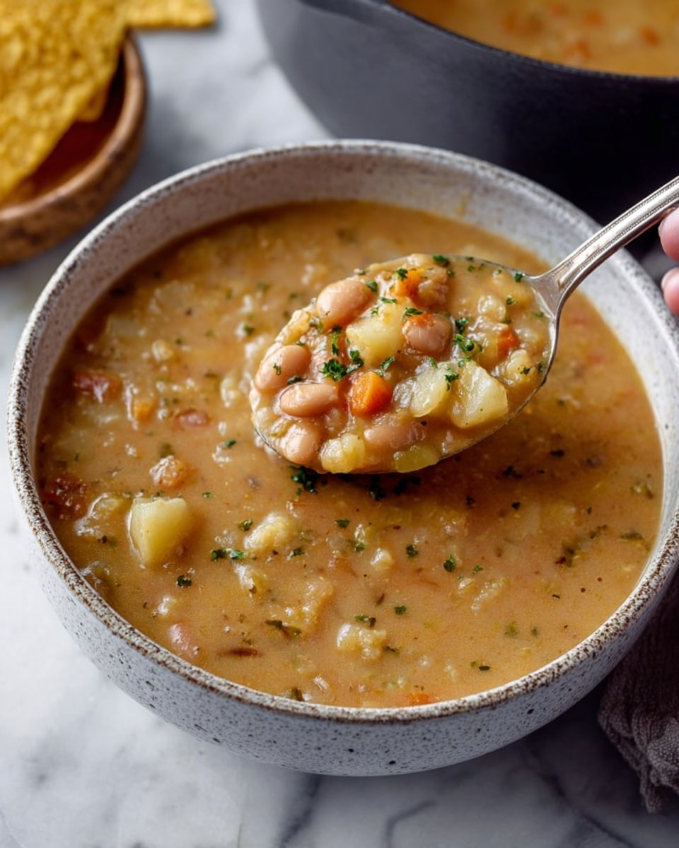 A close-up view of a thick, creamy soup in a white bowl with a gray speckled rim, filled with chunks of light yellow potatoes, beans, and bits of orange carrot, all mixed in a light brown broth with small green herb sprinkles on top. A silver ladle held by a woman's hand lifts a scoop of the soup, showing a chunky texture with visible soft vegetable pieces. The bowl is placed on a white marbled surface, with a blurred pot of more soup in the background and a couple of yellowish tortilla chips partly visible beside the bowl. Photo taken with an iphone --ar 4:5 --v 7