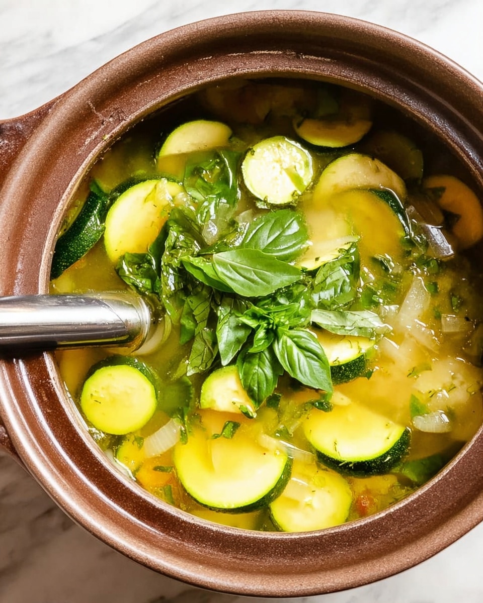 A close-up view of a clay pot with a brown outer edge and light beige inside, filled with a clear yellow broth containing sliced green zucchini and white onion pieces. A bunch of fresh bright green basil leaves rests on top in the center. A silver immersion blender is partly submerged on the left side, with its metal head reflecting light. The pot is on a white marbled surface. Photo taken with an iphone --ar 4:5 --v 7