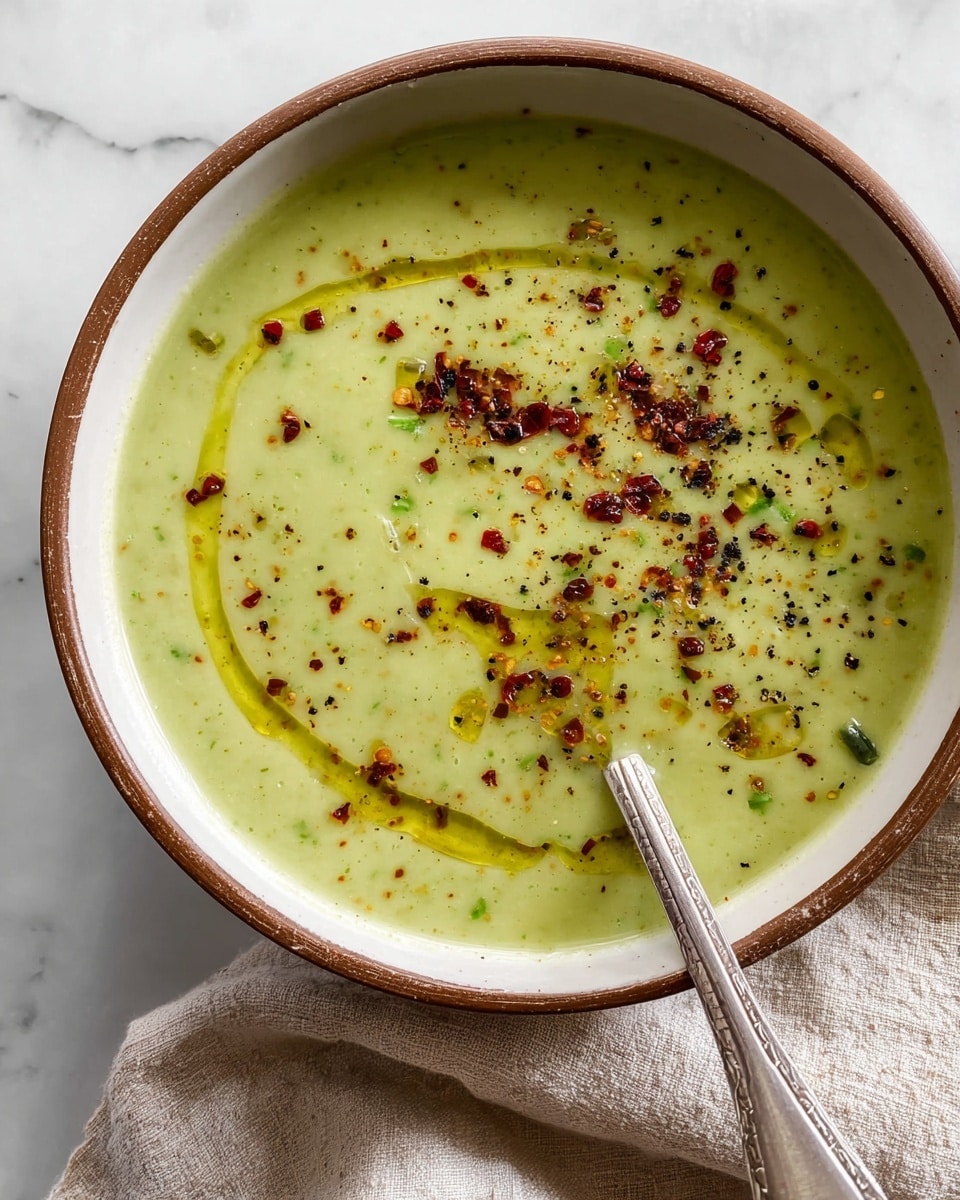 A thick light green soup fills a white bowl with a brown rim, smooth in texture with small bits showing. On top, a swirl of golden olive oil circles, scattered red chili flakes, and crushed black pepper give a speckled look. A metal spoon rests inside the bowl on the right side, and a beige cloth lies next to it on a white marbled surface below. Photo taken with an iphone --ar 4:5 --v 7