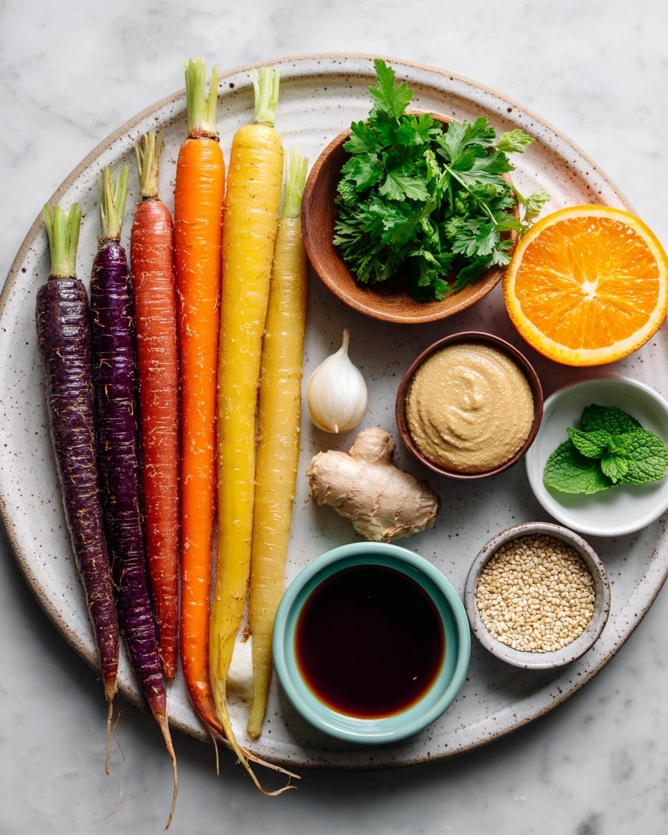 A large white plate with a textured edge holds an arrangement of ingredients on a white marbled surface. On the left side, there are five whole carrots in different colors—purple, orange, yellow, and red—lined up vertically. Near the top center, a small wooden bowl contains green cilantro leaves. To its right, a half orange with a bright, juicy interior is placed next to light beige ginger root and a single garlic clove. Below the orange, a small dark brown bowl holds a smooth dollop of pale beige miso paste, and next to it, a light blue small bowl with rice vinegar. To the right, a small white bowl filled with light brown sesame seeds and a small green cup with honey can be seen. At the bottom right, there is a small white bowl containing fresh green mint leaves. Photo taken with an iphone --ar 4:5 --v 7