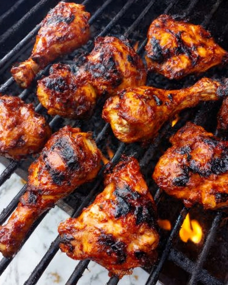 The image shows a black grill with multiple pieces of grilled chicken arranged closely together. The chicken pieces vary in size and shape, with some drumsticks and others larger chunks, all with a reddish-brown color that shows a shiny glaze. The chicken has dark char marks and some blackened spots from the grilling, giving a textured, slightly crispy look. Below the grill, bright yellow-orange flames are visible, adding warmth to the scene. The background surface is a white marbled texture. Photo taken with an iphone --ar 4:5 --v 7