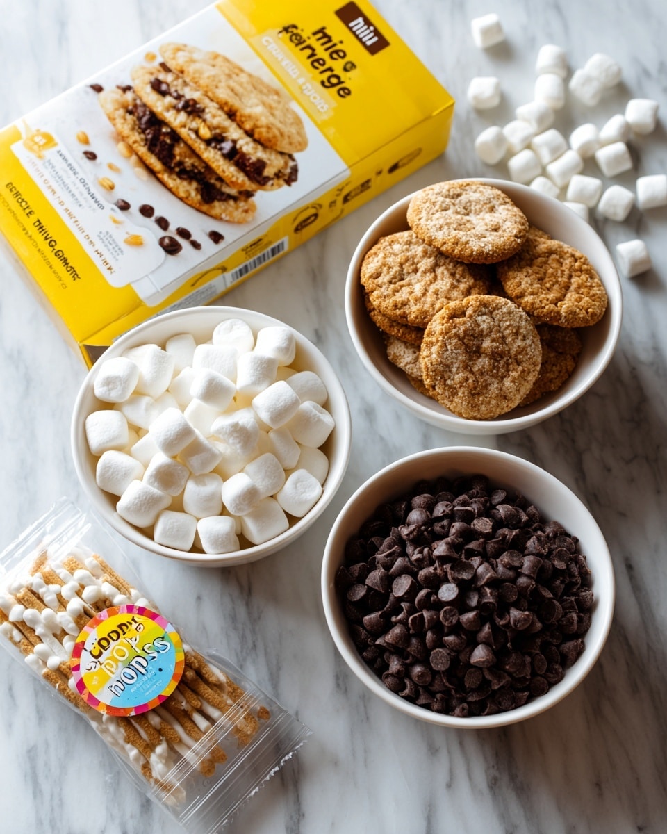The image shows three white bowls on a white marbled surface, each filled with an ingredient: one bowl with white marshmallows, another with small dark brown chocolate chips, and the last bowl not fully visible. Next to the bowls, there is a yellow box of gluten-free honey graham style cookies with an image of a cookie sandwich and a clear package of white treat sticks on top of a sheet decorated with colorful round