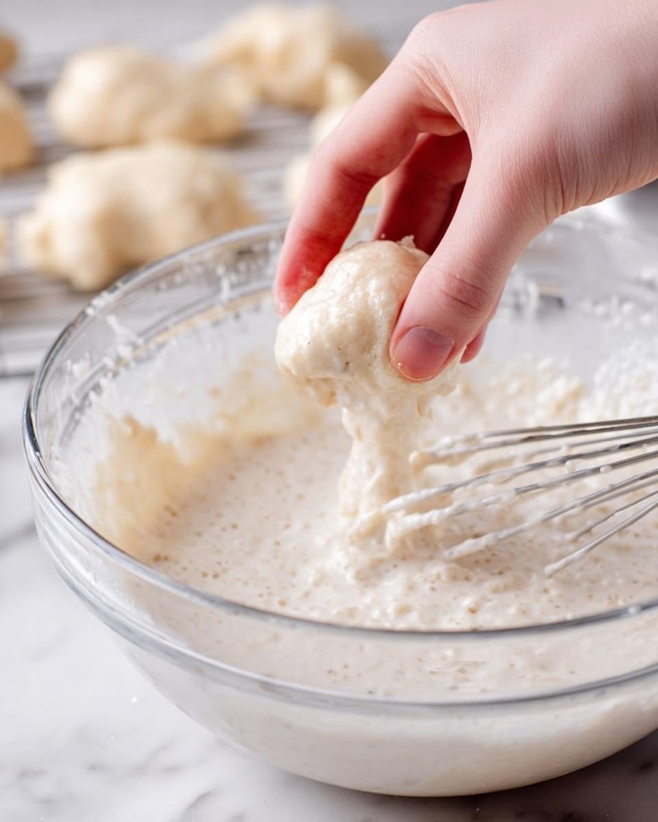 A close-up image shows a woman's hand holding a soft, light beige dough piece above a clear glass bowl filled with thick, lumpy white batter. The batter has a creamy texture with small clumps and is being stirred by a metal whisk inside the bowl. In the background, several pale dough pieces rest on a white marbled surface. photo taken with an iphone --ar 4:5 --v 7