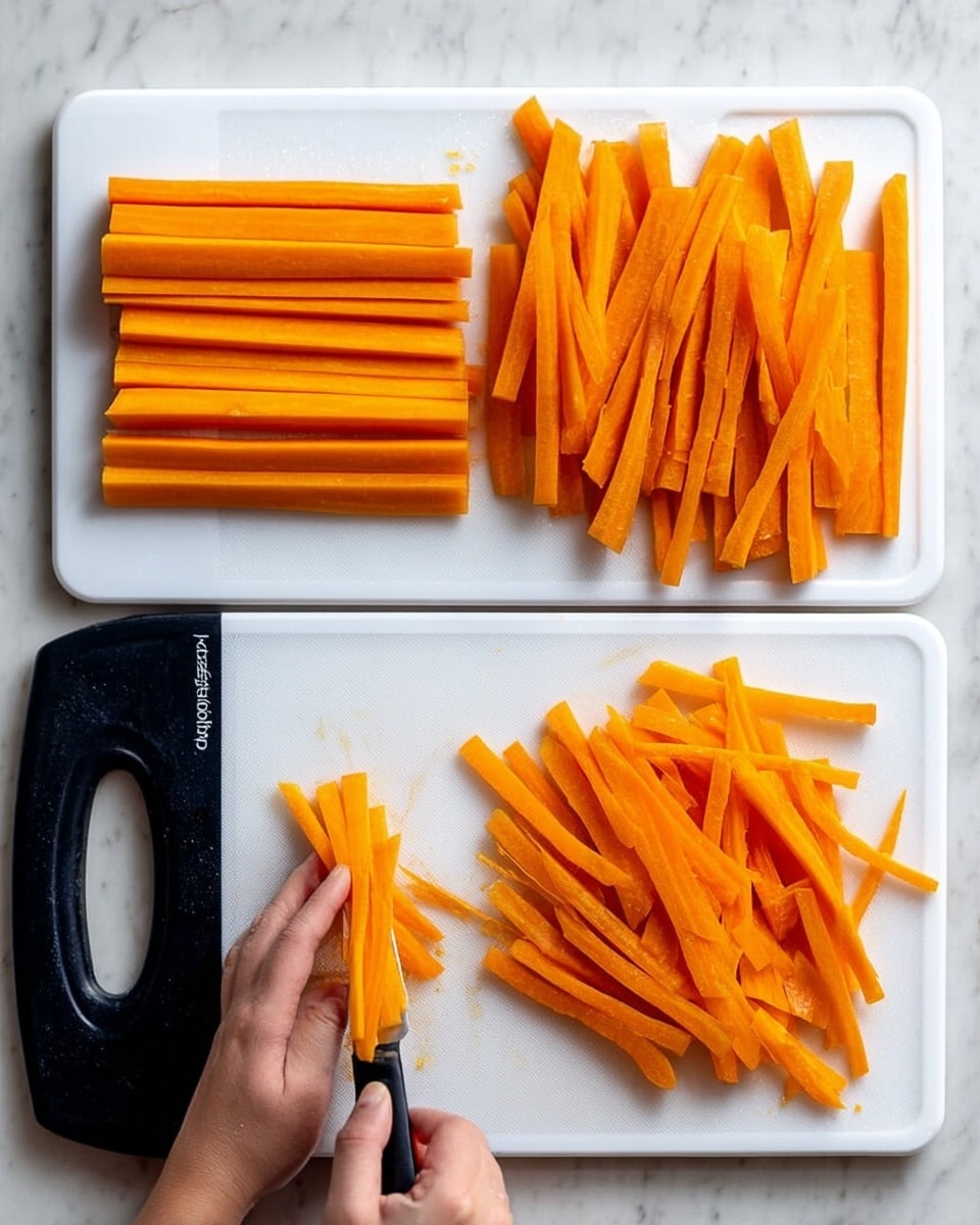 The image shows a top-down view of a white cutting board on a white marbled surface. On the left side, there are four long orange pieces stacked neatly next to a black-handled knife. In the middle section, a woman's hand is holding one orange piece while the knife is slicing it into thin sticks. On the right side, there is a pile of many thin orange sticks neatly arranged. Photo taken with an iphone --ar 4:5 --v 7