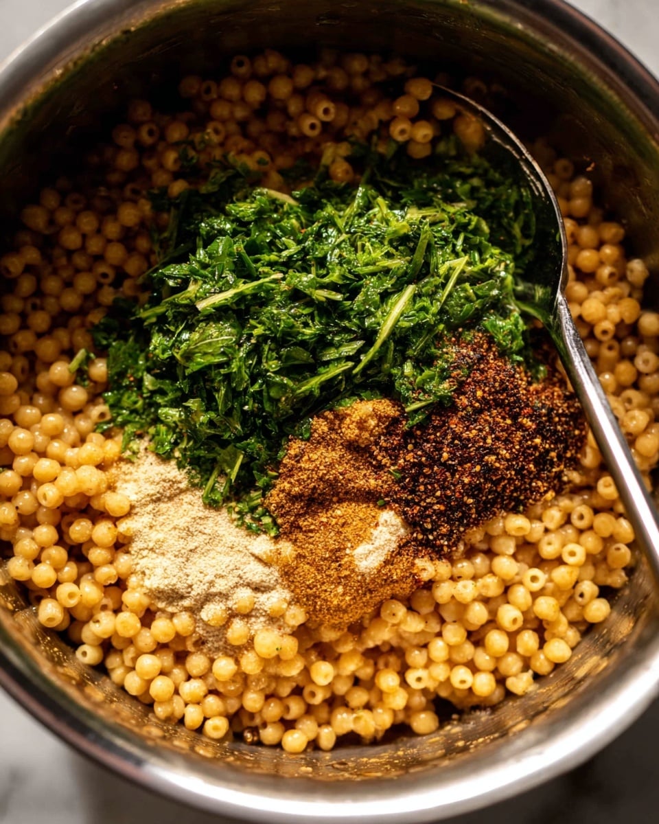 Inside a stainless steel pot, there is a single layer of small, round pasta pearls that are a light golden-brown color with some toasted edges. On top in the center, there is a mound of chopped bright green herbs and two piles of spices—one is a light brown powder, and the other is a dark speckled mixture. A large spoon is partially visible, resting on the right edge of the pot, mixing the ingredients. The photo is taken from above focusing on the pot's contents with a white marbled surface faintly visible around the pot. photo taken with an iphone --ar 4:5 --v 7