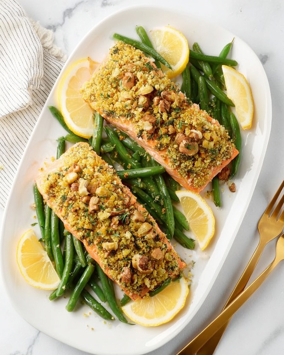 A white oval plate holds two rectangular pieces of salmon topped with a golden-green crumb crust made from finely chopped nuts and herbs. Underneath each salmon piece is a bed of bright green cooked green beans, evenly spread across the plate. There are four lemon wedges placed around the salmon and green beans, adding a fresh yellow color contrast. The dish sits on a white marbled surface, with a gold fork placed nearby on the right and a striped napkin visible on the left. Photo taken with an iphone --ar 4:5 --v 7