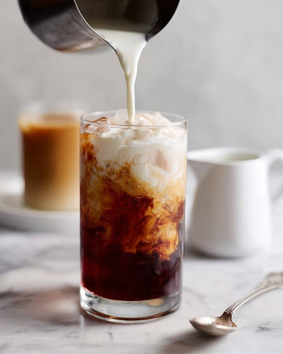 A clear glass filled with dark brown iced coffee as the bottom layer, topped with a thick layer of white milk foam being poured from a silver metal container above, creating a swirling mix where the milk meets the coffee; the glass is placed on a white marbled surface with a small white pitcher and a blurred glass of iced coffee with milk in the background, along with a spoon resting on the surface in the foreground; photo taken with an iphone --ar 4:5 --v 7