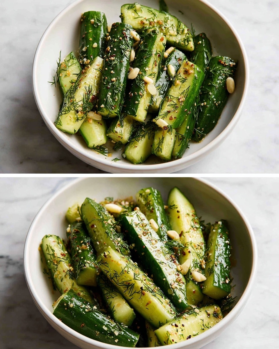 The image shows two views of a white bowl filled with fresh cucumber sticks. The cucumbers are cut into long, thick pieces with their dark green skin and pale green inside visible. The top view shows slices of garlic and small sprigs of green dill sprinkled on the cucumbers. The second view shows the cucumbers well mixed, coated with a light herb dressing with pieces of dill scattered throughout. The bowl sits on a white marbled surface. Photo taken with an iphone --ar 4:5 --v 7