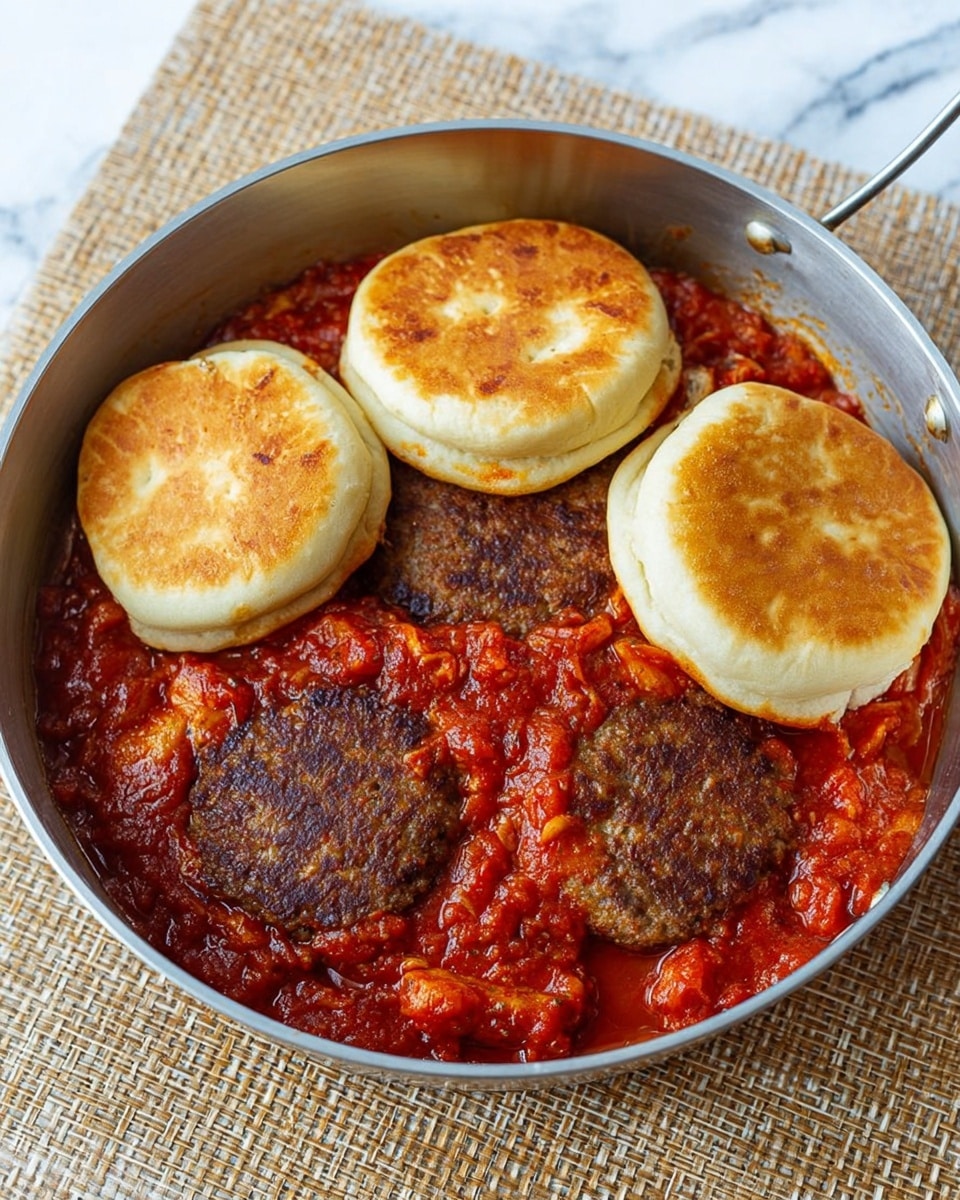 A round metal pan with two dark brown cooked patties covered in chunky, bright red tomato sauce in the bottom. On top of the sauce are four layered circular buns—two light tan slightly toasted on the top and two plain light tan buns—with a soft texture and smooth surface. The pan sits on a tan woven mat against a white marbled textured background. Photo taken with an iphone --ar 4:5 --v 7