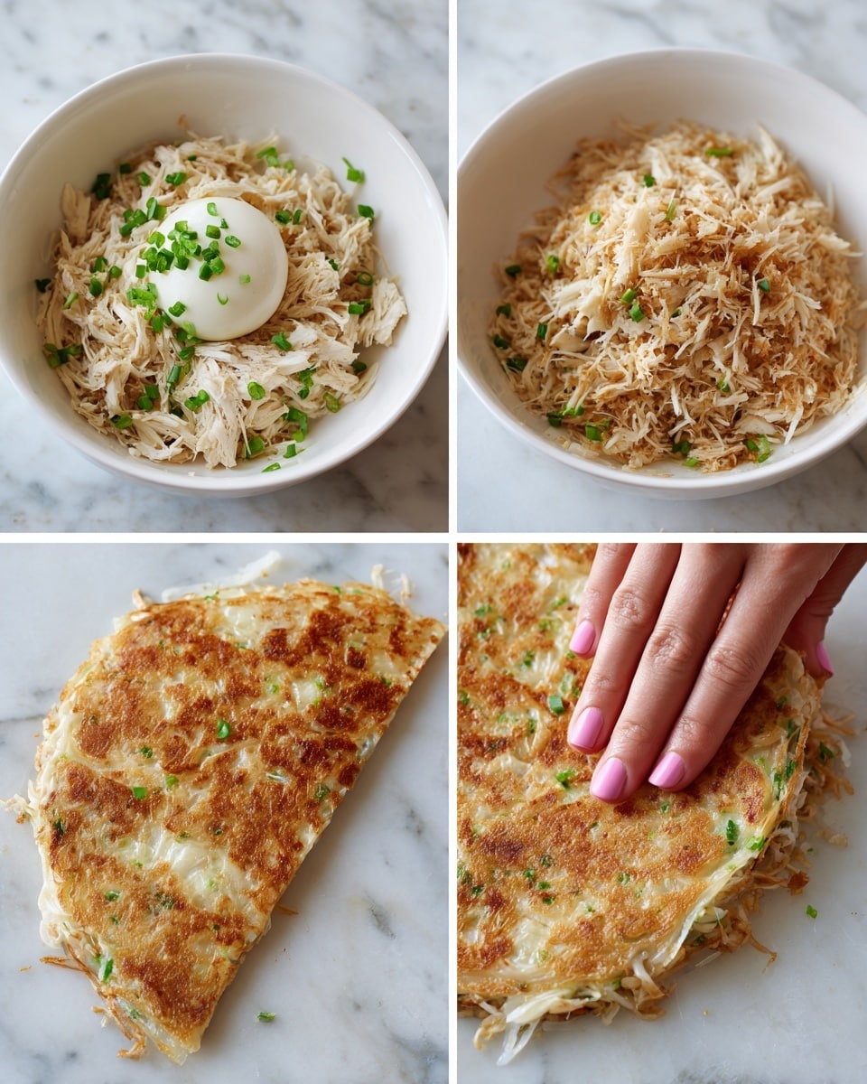 The image shows four steps for making a dish on a white marbled surface. In the first step, a white bowl holds a mixture of light tan shredded chicken, a round white ball of cheese or cream, and chopped green onions on top. The second step displays a small pile of the light tan shredded chicken mix alone on the white marbled surface. In the third step, a woman's hand with pink nail polish is gently pressing some of the mixture into a rough triangular shape on the white marbled surface. In the fourth step, the woman's hand flattens the chicken mixture further into a smooth, thin triangular shape. photo taken with an iphone --ar 4:5 --v 7