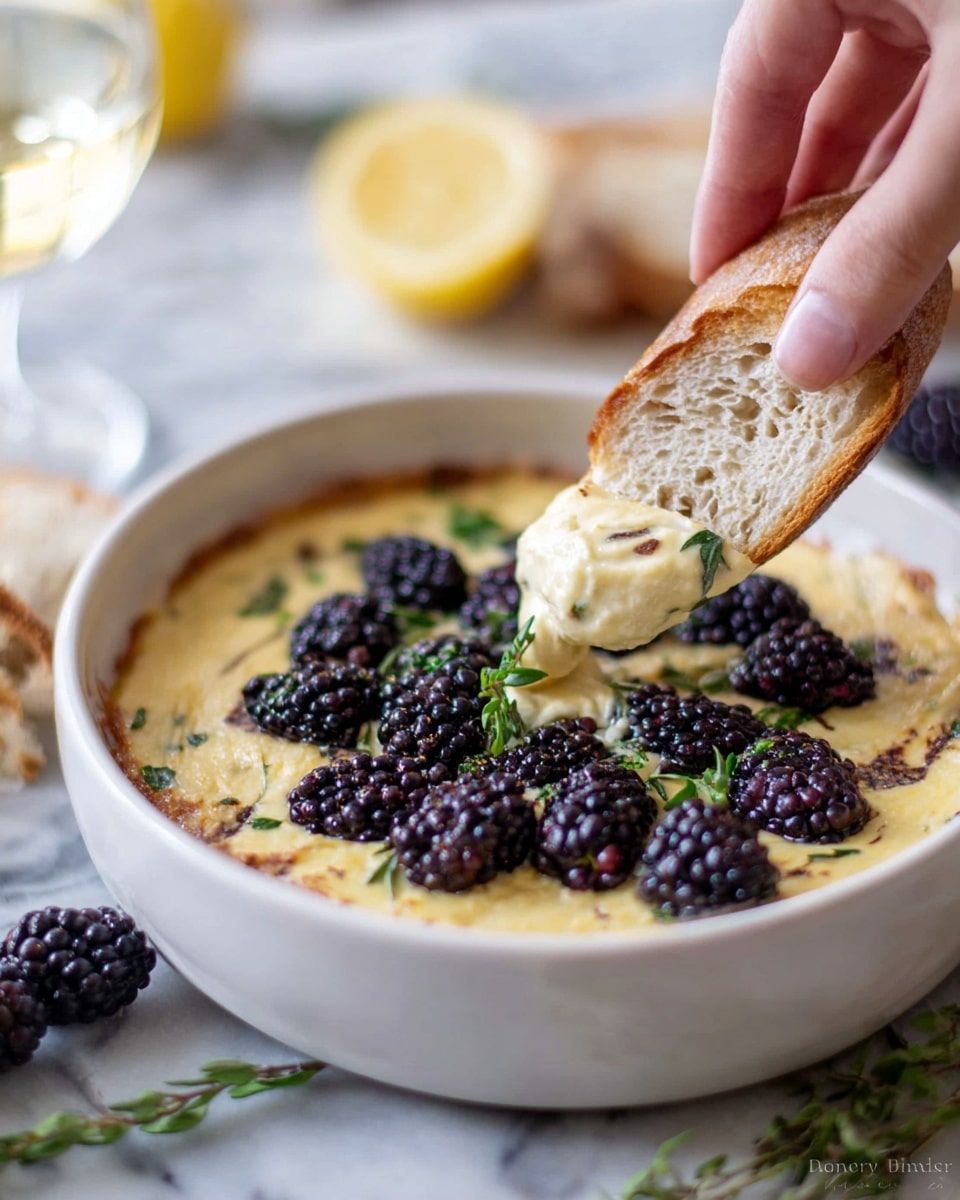 A white bowl filled with a creamy, light yellow dip that has some small green herb pieces mixed in, topped with fresh, dark purple blackberries scattered evenly on top along with a few small green herb leaves. A woman's hand is dipping a piece of crusty bread with a golden crust and soft, airy inside into the dip, lifting a scoop of the creamy mixture. The scene is set on a white marbled surface with some green herb sprigs nearby, and a blurred glass of white wine and a lemon wedge in the background. Photo taken with an iphone --ar 4:5 --v 7