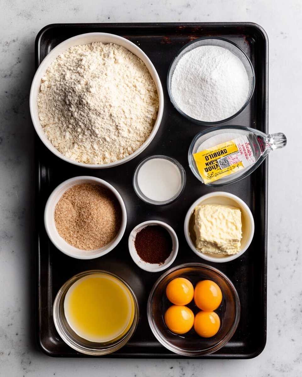 A black tray on a white marbled surface holds several small white bowls and clear glass containers with baking ingredients. Starting from the top left, there is a large white bowl filled with light beige flour, next to it a small white bowl with white granulated sugar. Below them are a small white bowl with baking powder, a glass measuring cup filled with a frothy light beige liquid, and a small packet of yellow instant yeast. At the bottom left, there is a small white bowl with brown sugar, a glass bowl filled with melted golden butter, and a white bowl holding two raw orange-yolked eggs. The arrangement is neat and colorful, showing the contrast between the ingredients. photo taken with an iphone --ar 4:5 --v 7