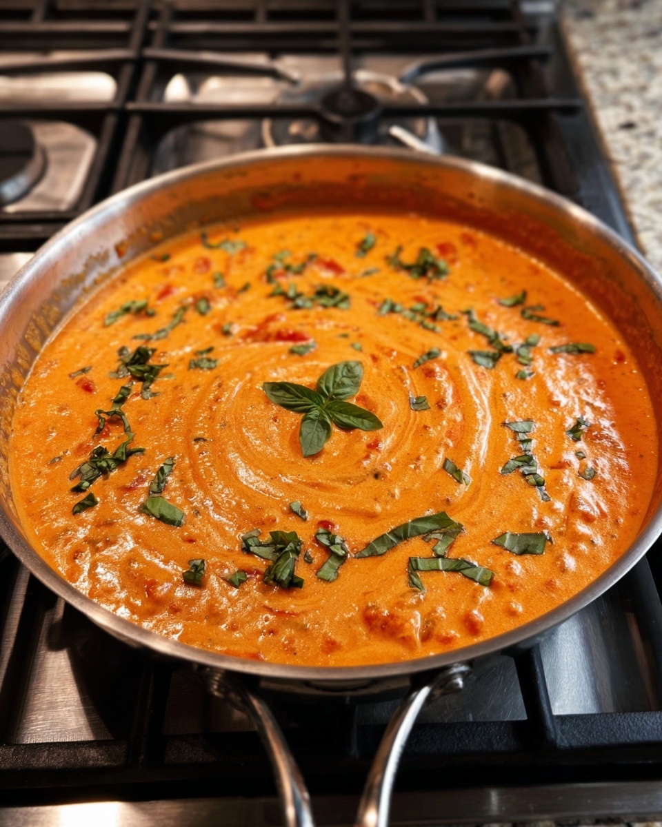 A large pan filled with creamy orange-red sauce with visible small chunks of tomatoes. The surface of the sauce has a smooth swirl texture and is topped with fresh green basil leaves scattered evenly. The pan is placed on a gas stove burner. The background shows the stove's metal parts with a clean, shiny look. photo taken with an iphone --ar 4:5 --v 7