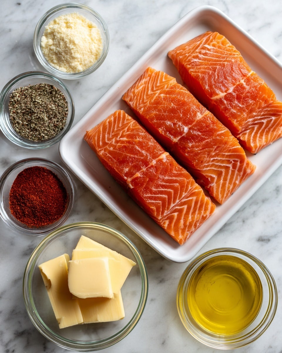 The image shows six ingredients arranged on a white marbled surface in an organized way. At the center right, there is a white rectangular dish holding four fresh, bright orange salmon fillets with clear white lines of fat. Surrounding the salmon, there are five small clear glass bowls: the top bowl contains off-white garlic powder with a fine texture, the top left bowl holds deep red sweet paprika powder, the bottom left bowl contains coarse black and white salt and pepper mix, the bottom right has clear light yellow olive oil, and the bottom left bowl next to the oil has a square piece of pale yellow unsalted butter. Each bowl is labeled with black text identifying its contents. The scene is brightly lit with soft shadows, showing the freshness of the ingredients. photo taken with an iphone --ar 4:5 --v 7