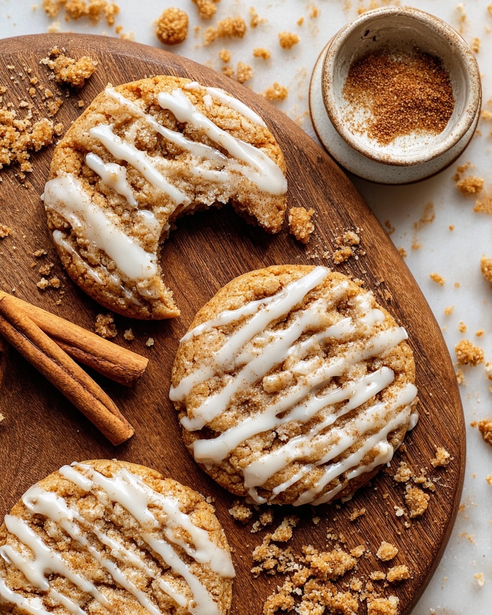 The image shows three round cookies placed on a wooden board with a white marbled background. Each cookie has a golden-brown base with a crumbly texture on top and is drizzled with white icing in thin lines. One cookie at the top left has a bite taken out of it, showing its soft inside. Two cinnamon sticks lie on the board next to the cookies, and a small, round, white ceramic container filled with ground cinnamon is also visible near the bitten cookie. Cookie crumbs are scattered around the board and background, adding a rustic feel. photo taken with an iphone --ar 4:5 --v 7