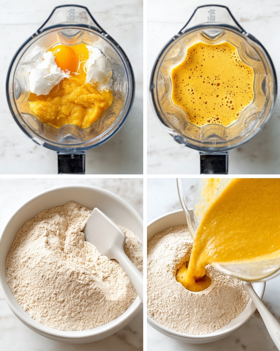 The image is a collage of four pictures, all set on a white marbled surface. The first picture shows a blender filled with raw eggs, a yellow-orange puree, and a white creamy ingredient, all sitting in layers inside the blender jar. The second picture shows the same blender jar now filled with a smooth, yellowish-orange liquid mix with small bubbles on top. The third picture has a white bowl filled halfway with light beige powdery flour and a white silicone spatula resting on the flour's surface, with the blender jar pouring liquid into the bowl partially visible from the top. The fourth picture displays the white bowl nearly full of the light beige flour on one side and the yellow-orange liquid mixture filling the other side, with the same white silicone spatula inside the bowl, and the liquid still being poured in from the clear blender jar. photo taken with an iphone --ar 4:5 --v 7