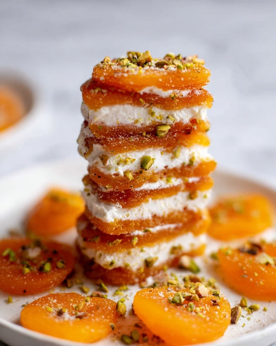 A tall stack of six bright orange dried apricot slices, each separated by a thick layer of white cream filling, with small green pistachio pieces sprinkled on top and between layers. The stack is on a white plate with more apricot slices around it, all topped with tiny bits of pistachio. The background and surface are a white marbled texture, giving a clean and bright look. Photo taken with an iphone --ar 4:5 --v 7