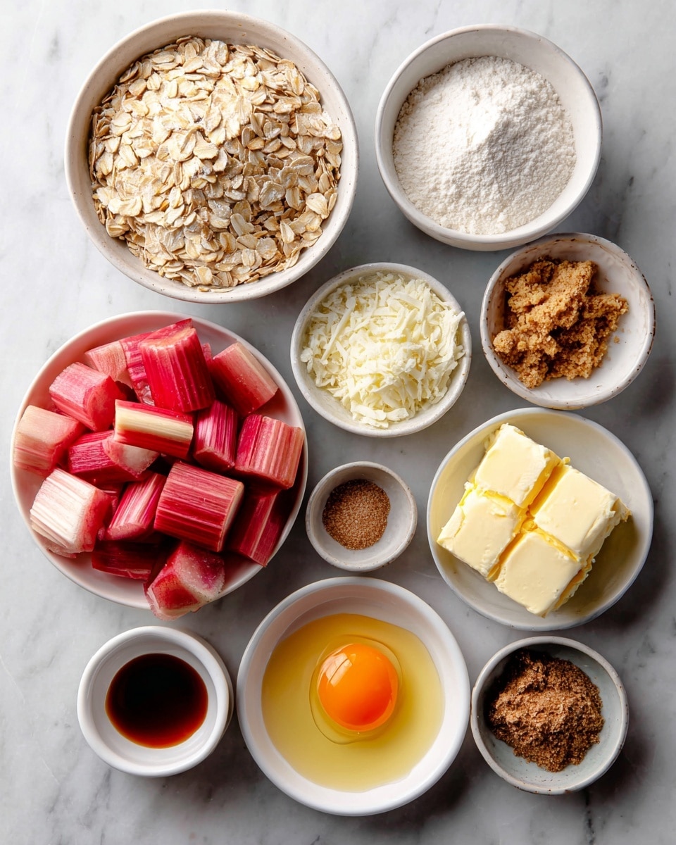 The image shows several small white bowls arranged on a white marbled surface, each containing a different baking ingredient. Starting from the top, there is a bowl with rolled oats, a bowl with superfine caster sugar, a bowl with plain flour, a bowl with cubed butter, and a small bowl with a cracked egg yolk. Surrounding these are smaller bowls holding brown sugar, vanilla extract, baking soda, and ground cardamom. To the left side, there is a white bowl filled with chopped pieces of rhubarb. The colors range from the pinkish-red of the rhubarb, creamy yellow of the butter, bright orange egg yolk, to the white and beige shades of the other ingredients, each showing distinct textures. The overall arrangement is neat and evenly spaced. photo taken with an iphone --ar 4:5 --v 7