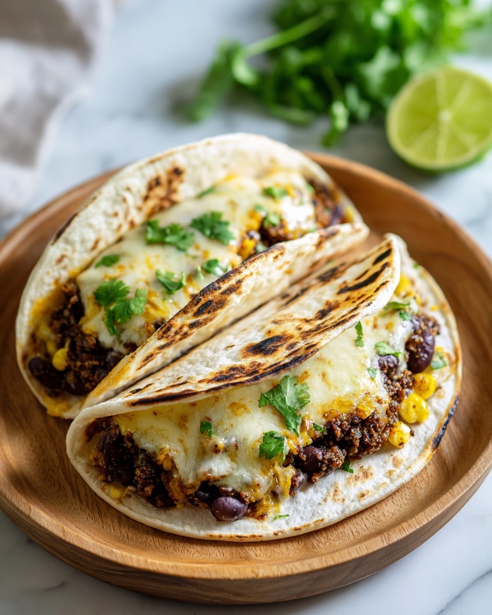 Two tacos sit on a wooden plate over a white marbled surface. Each taco has two soft white corn tortillas with grill marks, folded and filled with several layers. The bottom layer is a mix of black beans and quinoa in small round shapes with yellow corn kernels. On top, melted cheese creates a smooth creamy layer with some browned spots. Small green cilantro leaves are scattered over the cheese, adding color contrast. In the background, there's a halved lime and fresh green herbs blurred out. The scene feels bright and fresh, photo taken with an iphone --ar 4:5 --v 7