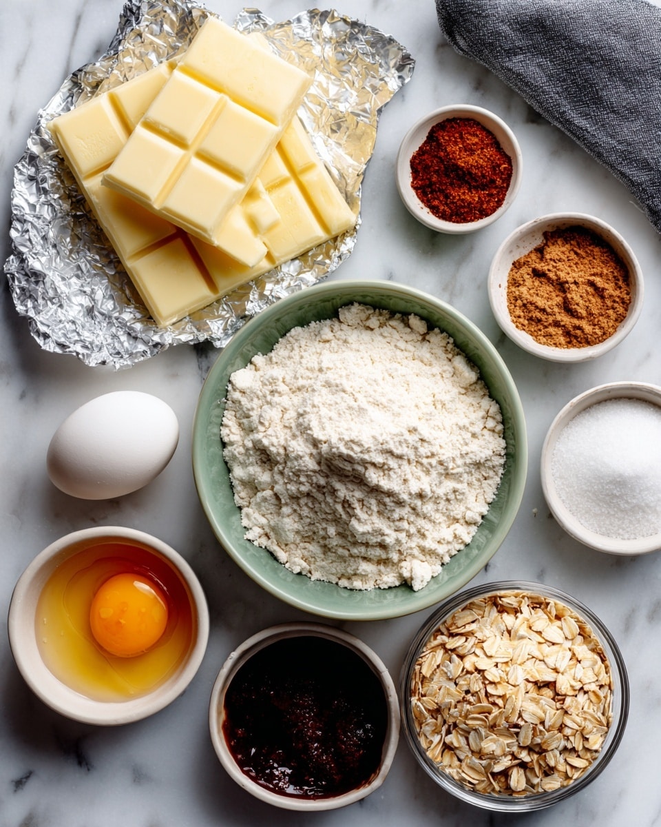 A flat lay image showing various baking ingredients arranged on a white marbled surface. There is a block of white chocolate broken into squares wrapped partially in foil on the left side. Above it, two sticks of butter in paper wrapper rest. To the right, a small white bowl holds spices in different shades of brown. Below the spices, a single white egg sits next to a small bowl of salt. Centrally placed is a light green bowl filled with a mix of flour and baking soda. Below this are separate bowls: a dark bowl with black molasses, a clear bowl with a mix of white and brown sugars, and a clear container filled with oats on the right side. A gray cloth napkin is partly visible on the top right corner. Labels with black text on white background name each ingredient. Photo taken with an iphone --ar 4:5 --v 7