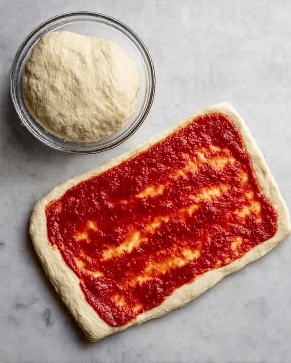 A round, smooth dough with a pale tan color sits in a clear glass bowl on a white marbled surface. Next, the dough is rolled out into a rectangle shape on the same surface and covered evenly with a bright red tomato sauce layer, which has a slightly textured look from the spreading tool. Finally, the rectangular dough with the sauce layer is folded, showing one folded half over the red sauce, with the dough having a soft, slightly bumpy pale tan texture. photo taken with an iphone --ar 4:5 --v 7