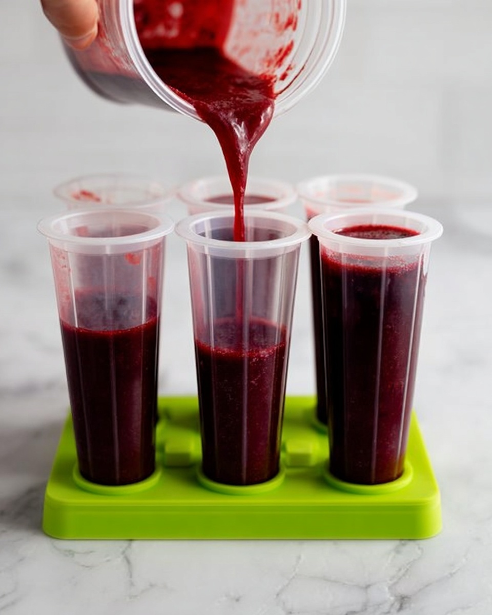 The image shows five clear plastic popsicle molds placed on a bright green holder with a white marbled surface beneath. Four of the molds are partially filled with a dark red liquid, while a woman's hand is pouring more of the same dark red liquid from a clear container into the fifth empty mold, with the liquid flowing smoothly. The backdrop is a clean white marbled texture, keeping the focus on the vibrant red color of the liquid inside the translucent molds. photo taken with an iphone --ar 4:5 --v 7