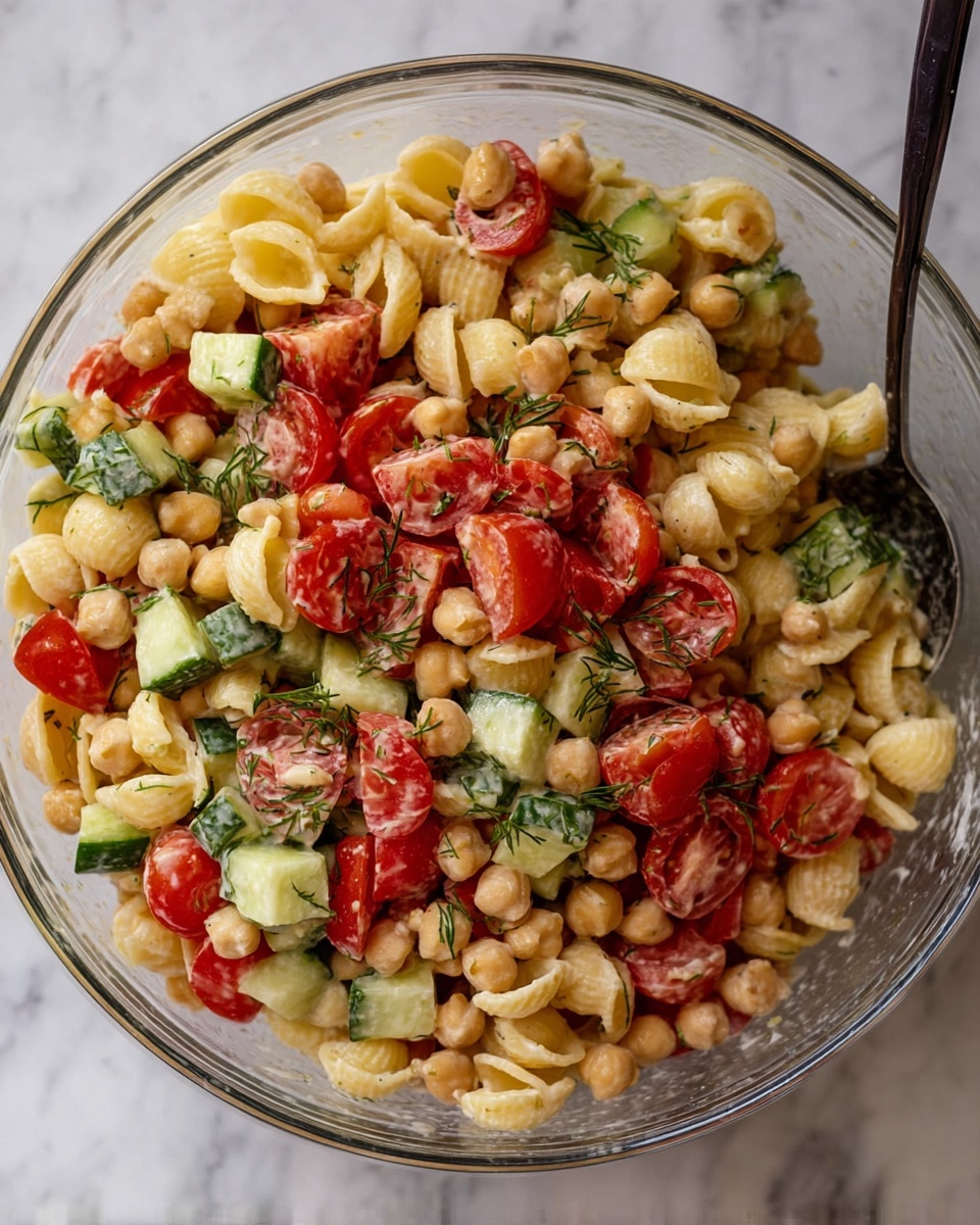 A clear glass bowl filled with pasta salad, showing several layers: the base layer is small shell pasta in light yellow color, mixed with beige chickpeas evenly spread throughout. On top of the pasta and chickpeas are bright red tomato quarters and green cucumber pieces cut into uneven chunks, scattered all around. Sprinkled finely over everything are thin green dill pieces adding texture and color contrast. A dark spoon handle is seen at the edge of the bowl. The whole bowl is placed on a white marbled surface. photo taken with an iphone --ar 4:5 --v 7