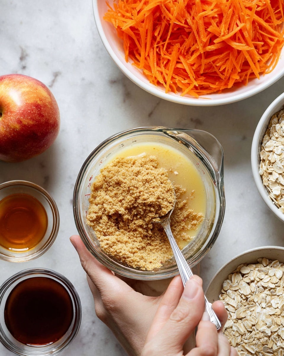 A top-down view shows a clear glass measuring cup filled halfway with light yellow liquid and topped with a heap of light brown powder, with a spoon stirring the mixture inside, held by a woman's left and right hand. Around it, a white bowl filled with shredded bright orange carrots is placed at the top left, a whole red apple with hints of yellow below it, a small clear glass bowl with amber liquid near the center, a small glass container filled with dark brown liquid near the top right, and a white bowl filled with light beige rolled oats on the right side. All items are set on a white marbled surface. photo taken with an iphone --ar 4:5 --v 7